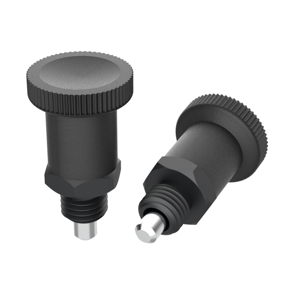 Index bolt with compact knurled head with stop