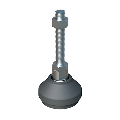Our JTPV leveling feet have a reinforced base with a maximum tilt of <b>15º</b>. They withstand loads up to <b>26,487 N</b>.<br><br>This leveling foot is designed for applications requiring a good finish and strong mechanical properties. The foot base is <b>non-slip</b>.<br><br>The standard version is made of <b>Type 304 stainless steel</b>, and we can manufacture it in Type 316 upon request.