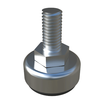 The screw of our adjustable foot is in zinc coated steel, the cover in stainless steel and the base in polipropylene. The hex nut of the adjustable foot allows easier fitting. There is a little space between the hexagonal nut and the base, that allows small movement of the screw, in an angle of about 3º.