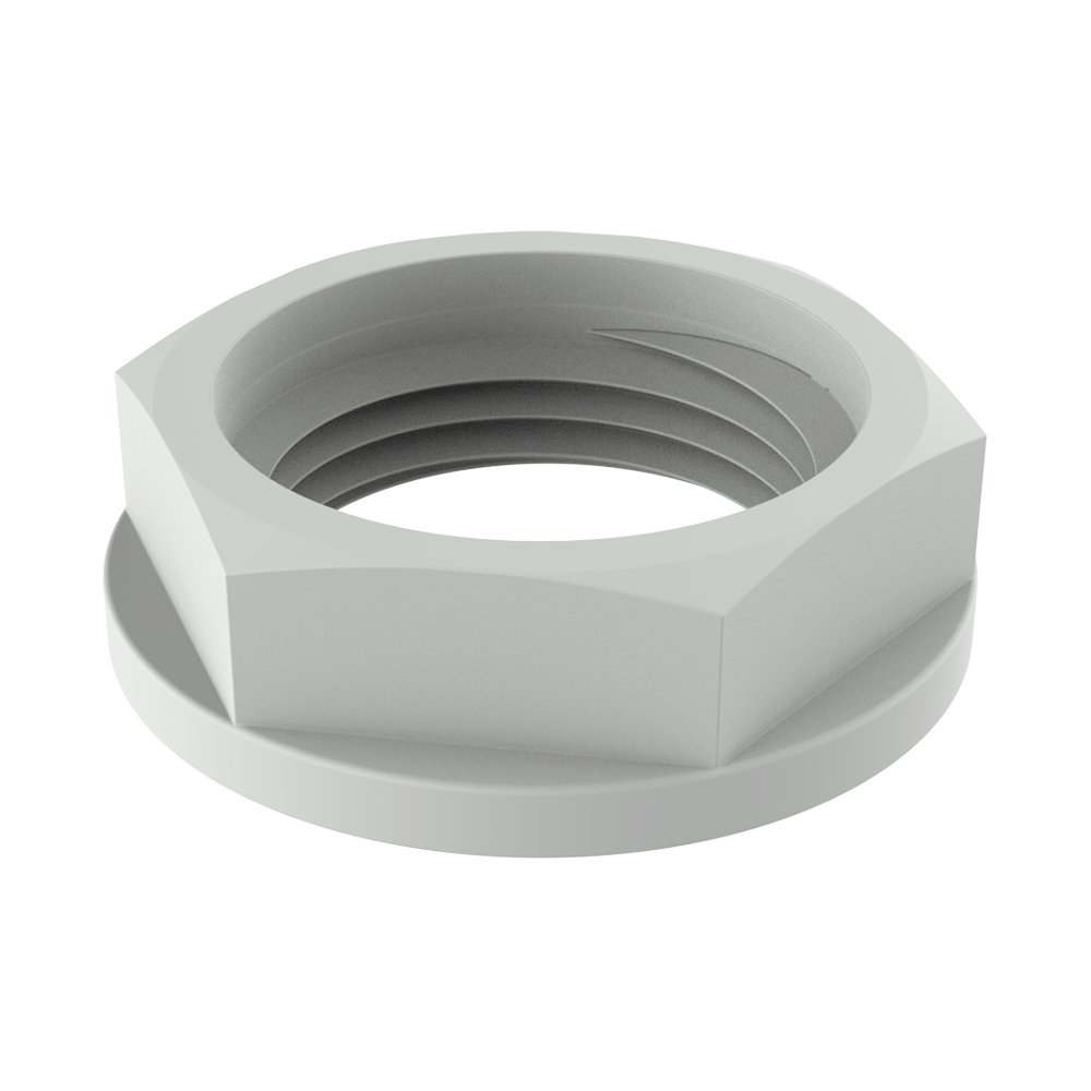 Our hexagon shaped lock nut with round sealing flange has been designed to fit a variety of thread sizes, and to execute a big range of applications and to be used together with a cable gland. Nylon nuts are durable, non-conductive and resistant to corrosion.