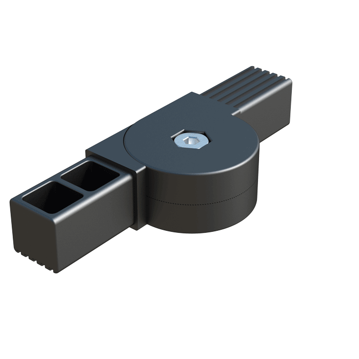 The THCLP <b>articulated</b> connector has been designed to connect <b>2 square tubes</b>.
The <b>articulation range</b>, as well as the type of rotation and locking, vary between each reference and can be consulted in the <b>'Angle' column</b>. <br>
The <b>Nylon</b> (PA6) used is highly resistant and is characterized by a very long life and great resistance to aging. According to the reference, they have a <b>fiberglass reinforcement</b> which provides greater rigidity, dimensional and thermal stability.

<br><br> * <i><b>Type 1</b></i>: Free rotation movement. <br> * <i><b>Type 2</b></i>: Rotation movement with 15º internal teeth. <br> * <i><b>Type 3</b></i>: Rotational movement with internal stop at 0º, 90º, 180º positions. <br> * <i><b>Type 4</b></i>: Rotational movement with a stop at 180º. <br><br>

Please consult our sales office if the measurement or any other product specification is not within our standard program.<br>